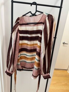 Zara Striped Puff-Sleeve Blouse in Pink, Brown & Cream